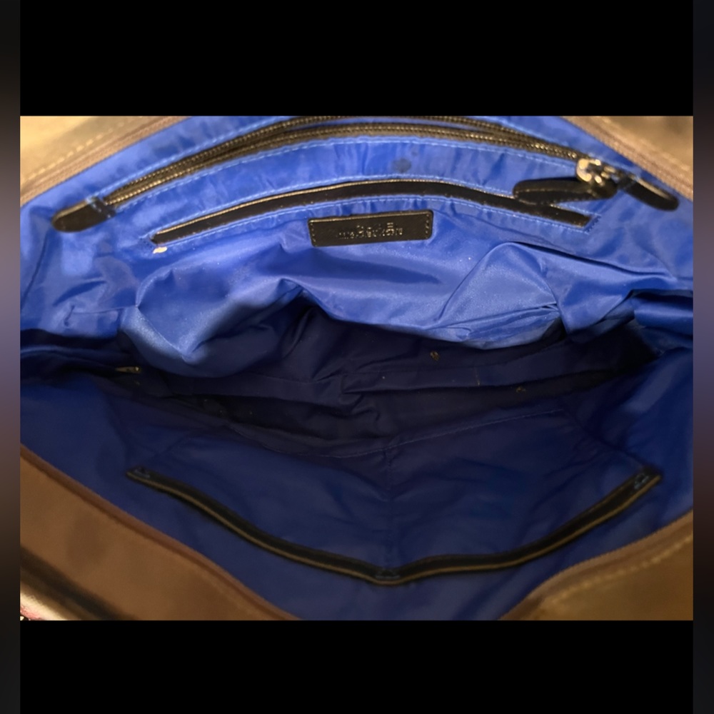 Michael Kors satchel gray nylon with black saffiano trim and royal blue lining